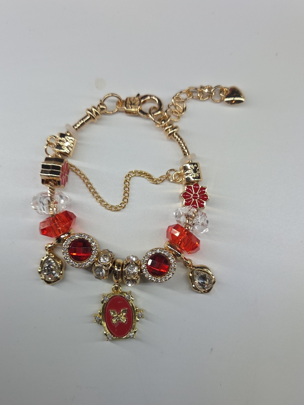 Gold-Tone Red Crystal Charm Bracelet - Women's Jewelry W/extender Chain